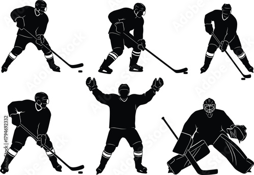 Ice hockey silhouettes, goalie action, puck control, sport vector, black design, skating poses, celebration stance, defensive play, team gear