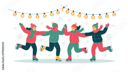Winter Wonderland Friends: A group of friends embraces the joy of winter, gliding hand-in-hand across a frozen rink amidst falling snowflakes and a festive string of lights.
