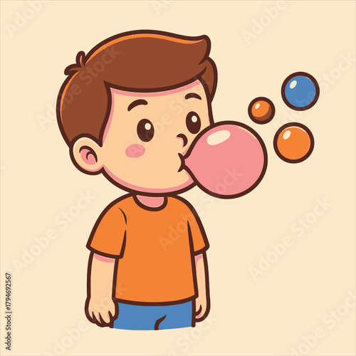 Cute Boy Blowing Bubble Gum Flat Vector Logo Illustration