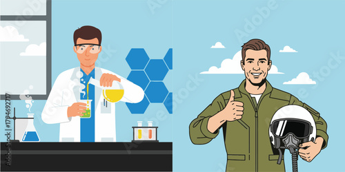 Bright Vector Illustration of Science and Aviation Professional Men