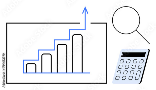 Bar graph with an arrow indicating growth, magnifying glass for analysis, and calculator for computation. Ideal for data presentation, finance, analytics, investment, business strategy, research
