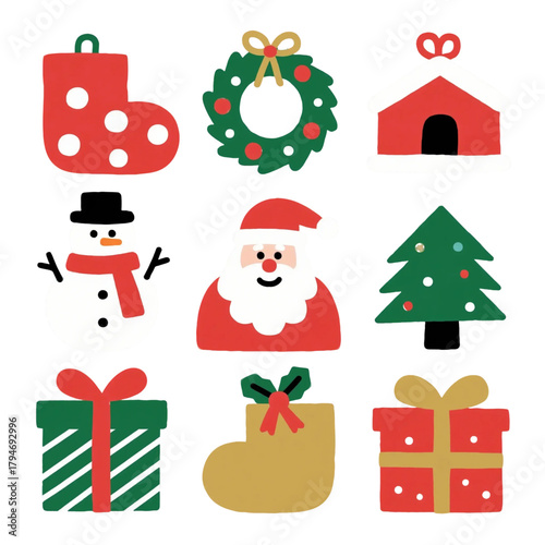 Collection of cute, simple Christmas elements vector icons. Includes a stocking, wreath, dog house, snowman, Santa Claus, Christmas tree, and wrapped gift boxes