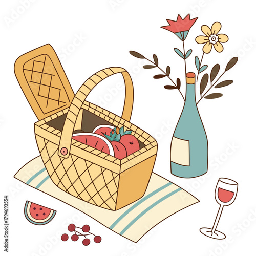 Picnic Basket with Food and Drink wine
