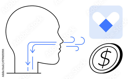 Human head with airflow visual, healthcare heart icon, and coin representing health economics. Ideal for healthcare, wellness, insurance, respiratory health, economy, cost analysis risk management