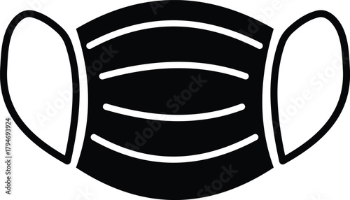 Simple black surgical mask illustration, front view, isolated on white. hygiene and health symbol.