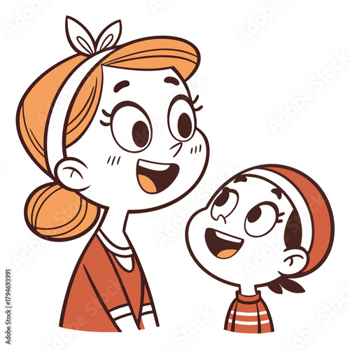 Two happy cartoon children looking up on white background Keywords: children, kids, happy