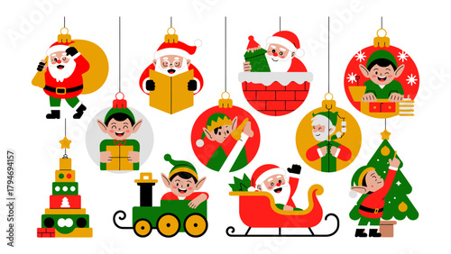 Holiday Ornament Characters: Festive Christmas ornaments, featuring Santa Claus and charming elf characters, are suspended against a clean backdrop.
