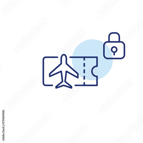 Plane ticket and lock. Digital aviation security, protected travel and holiday. Pixel perfect, editable stroke vector icon