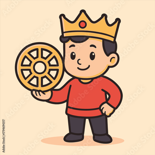 Cute cartoon king character holding a golden Dharma wheel, flate vector logo illustration for mascot or emblem design 32
