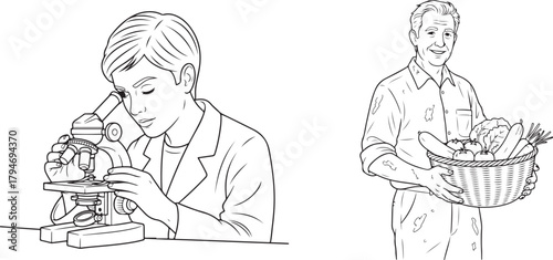 Black and White Line Art of Scientist and Farmer with Produce Basket