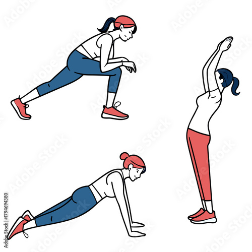 Woman exercising with three different poses on white background
