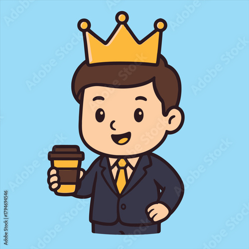 Flat vector illustration of a kingly businessman wearing a crown holding a coffee cup