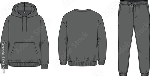 Cad drawing flat vector illustration of hoodie and jogger apparel set showcasing front and back technical sketch for fashion design
