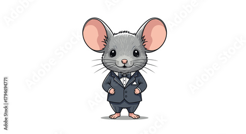 A charmingly dressed cartoon mouse in a formal suit ready for a special occasion.