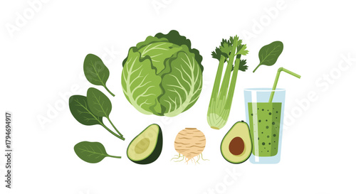 A vibrant assortment of fresh green vegetables and a healthy smoothie for a nutritious diet.
