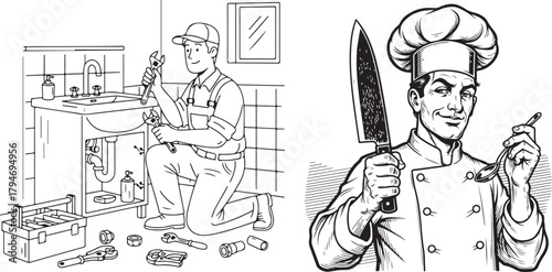 Plumber Fixing Sink and Chef Holding Knife Black and White