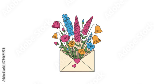 A delightful envelope overflowing with a vibrant bouquet of wildflowers in various colors and shapes.