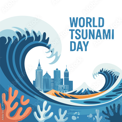 World Tsunami Day A Powerful Illustration of Ocean Waves Threatening City Buildings