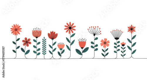 A delightful collection of charming floral illustrations with vibrant coral accents.