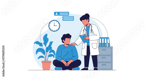 Doctor conversing with patient in a medical consultation room.