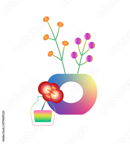 Abstract flowers in modern vases from glass or with geometric shape. Wildflowers, bloom plants in pots in gradient style. Interior decoration. Flat isolated vector illustration on white background