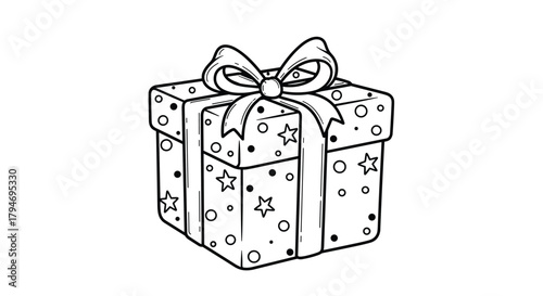 A beautifully wrapped gift box adorned with stars and dots and tied with a ribbon bow.