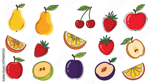 A vibrant collection of fresh fruits including pears apples strawberries cherries and plums presented in a delightful arrangement.