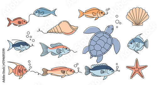 A charming collection of hand-drawn aquatic creatures including fish turtles and starfish for your design.