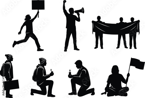 Protest silhouette vector set, diverse activist poses with signs, flags, megaphones, black and white demonstration art, social movement illustration