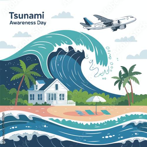 Tsunami Awareness Day Illustration with Wave, Beach, House, and Airplane