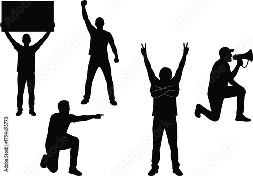 Protest silhouette vector set, activist poses with signs and megaphone, black and white demonstration art, social movement illustration pack
