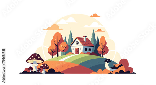 A charming house nestled on a rolling hill surrounded by autumn trees and a whimsical mushroom patch.