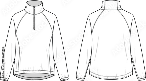 Cad drawing flat vector illustration of long sleeve half-zip pullover showing detailed front and back technical fashion sketch with raglan sleeves design