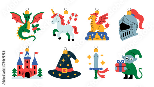 Enchanting Ornament Collection: An imaginative array of fantasy-themed ornaments, each capturing a unique mystical element for magical holiday decorations.