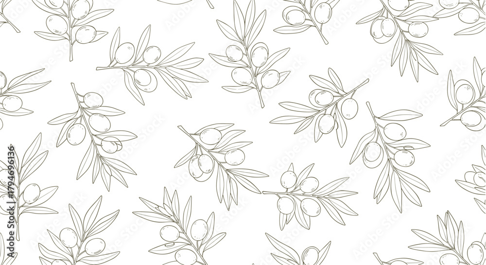 Fototapeta premium A delicate pattern of small leafy branches with scattered dots on a white background.