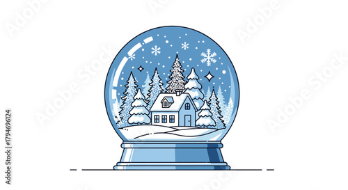 A charming pixel art snow globe depicting a cozy winter village scene with snow-covered trees and a house.