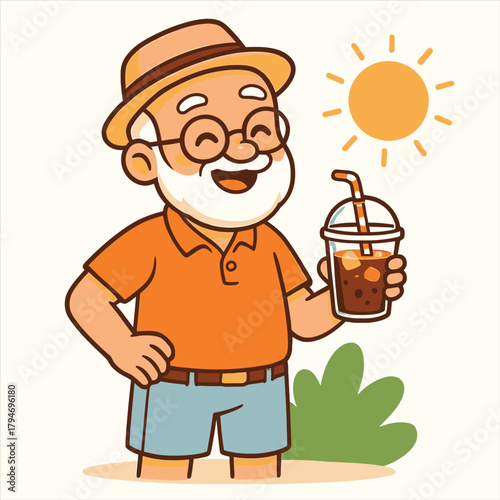 Happy Senior Man Enjoying a Cold Drink on a Sunny Day - Flat Vector Logo Illustration