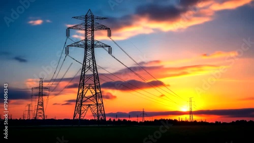 Hightension power towers against sunset sky