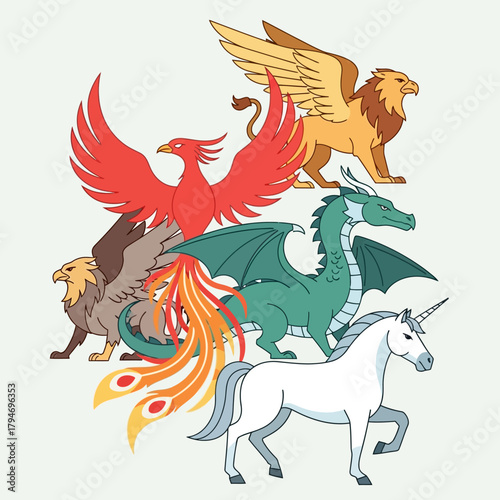 Collection of Mythical Creatures Including Phoenix, Griffin, Unicorn, and Dragon