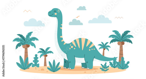 A cute blue dinosaur with a long neck walks through a prehistoric landscape with palm trees and clouds.
