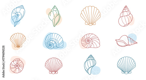 A whimsical collection of dotted illustrations depicting various seashells and marine life forms with soft watercolor splashes in a playful arrangement.