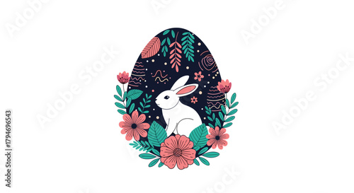 A charming Easter egg decorated with an adorable bunny and vibrant floral elements.