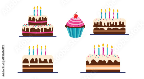 A collection of delicious birthday cakes and cupcakes.