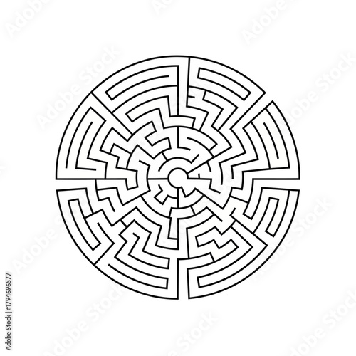 Circular maze graphic representing complexity and problem-solving in a clean, minimalist design