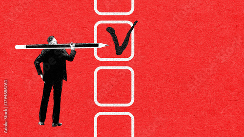 Focused composition of businessman marking a checklist with a giant pencil. Concept of planning workflow, task management, productivity, corporate organization.