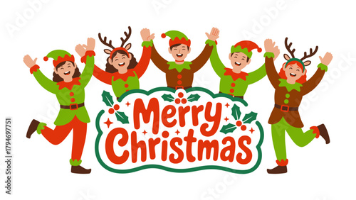 Joyful Christmas Elves: A spirited ensemble of elves, adorned in festive attire, radiates holiday cheer, arms raised in a gesture of merry celebration. 