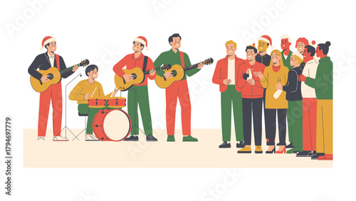 Festive Concert of Music and Merriment: A musical ensemble spreads holiday cheer with guitar in a celebratory setting.