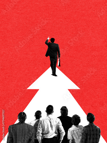 Graphic composition of a leader walking along a giant upward arrow while the team follows. Concept of leadership vision, business direction, motivation and confident path forward.