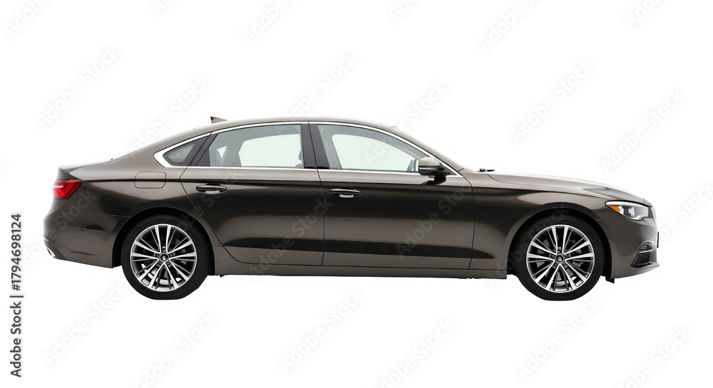 Obraz premium Sleek dark grey luxury sedan car with sporty alloy wheels isolated on transparent background
