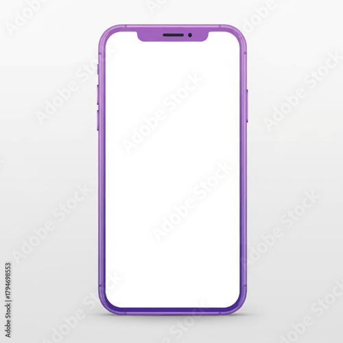 Realistic purple smartphone with a blank white screen for mockup or application presentation, isolated on a white background